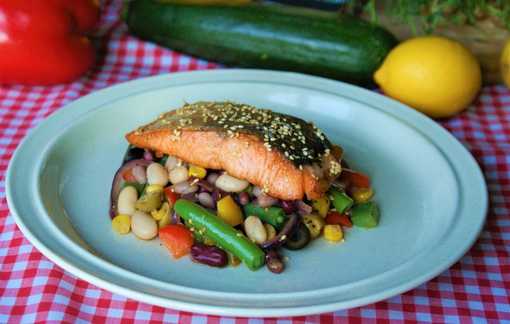 Salmon Fillet with Warm Bean Salad and Honey, Lemon & Sesame Seed Dressing