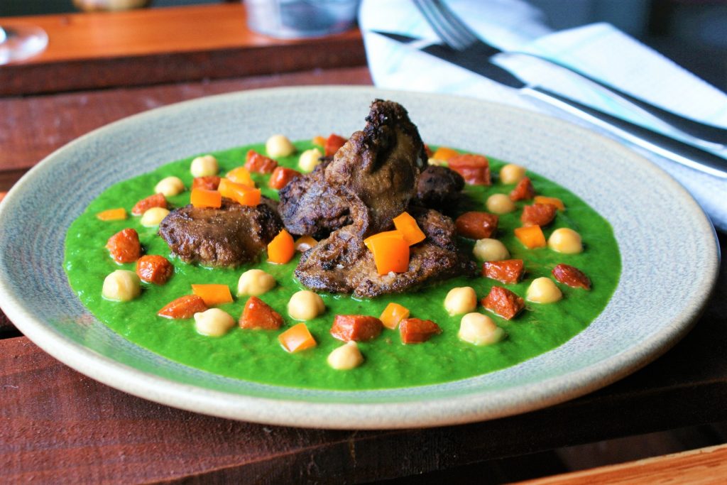 Chicken Livers with Spinach & Pea Puree, Crispy Chorizo & Chickpeas Cook to Know